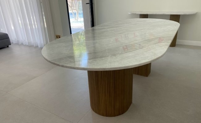 Oval Shape Laxine Dining Table, White Adana Marble