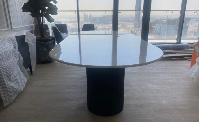 Oval Shape Laxine Dining Table, Nano White Marble